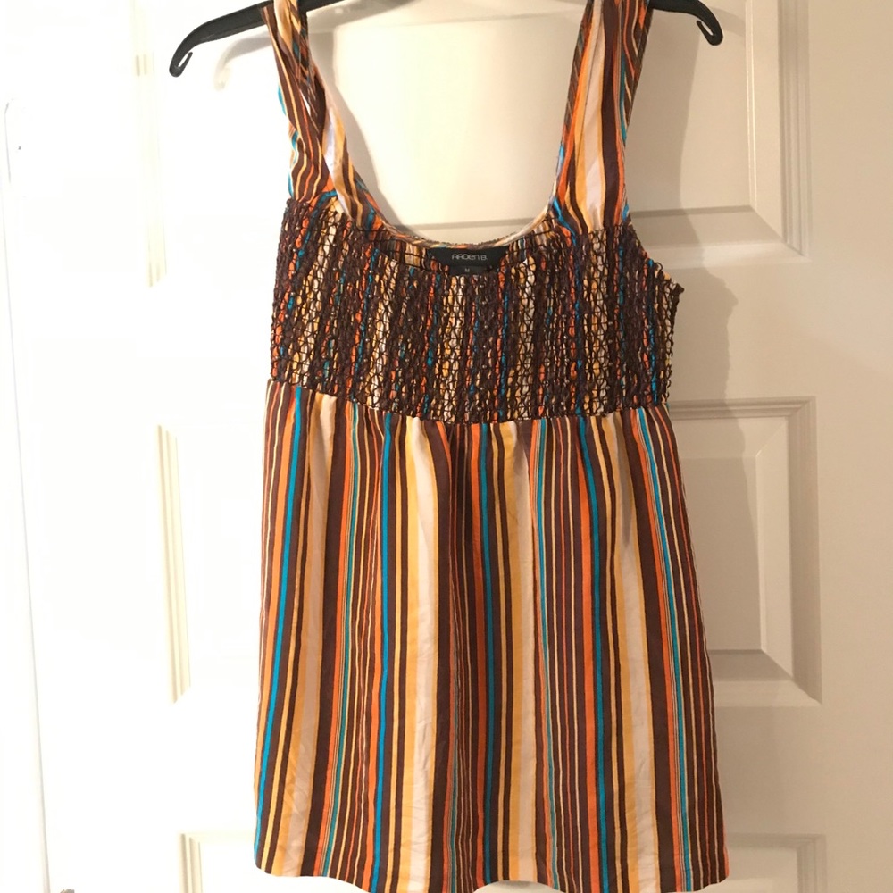 Arden b brown and multicolored striped silk top